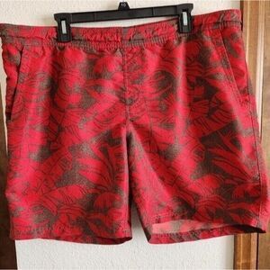 Eddie Bauer Men's Large Red Brown Leaf‎ Print Bathing Suit Swim Trunks Shorts